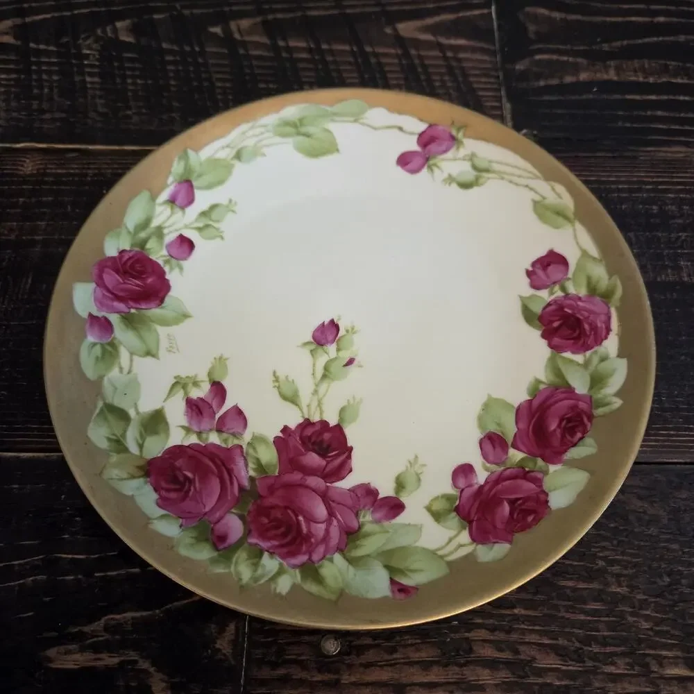 Vintage Tirschenreuth Bavaria Pink Roses Gold Trim 8.25 in Cabinet Plate Signed